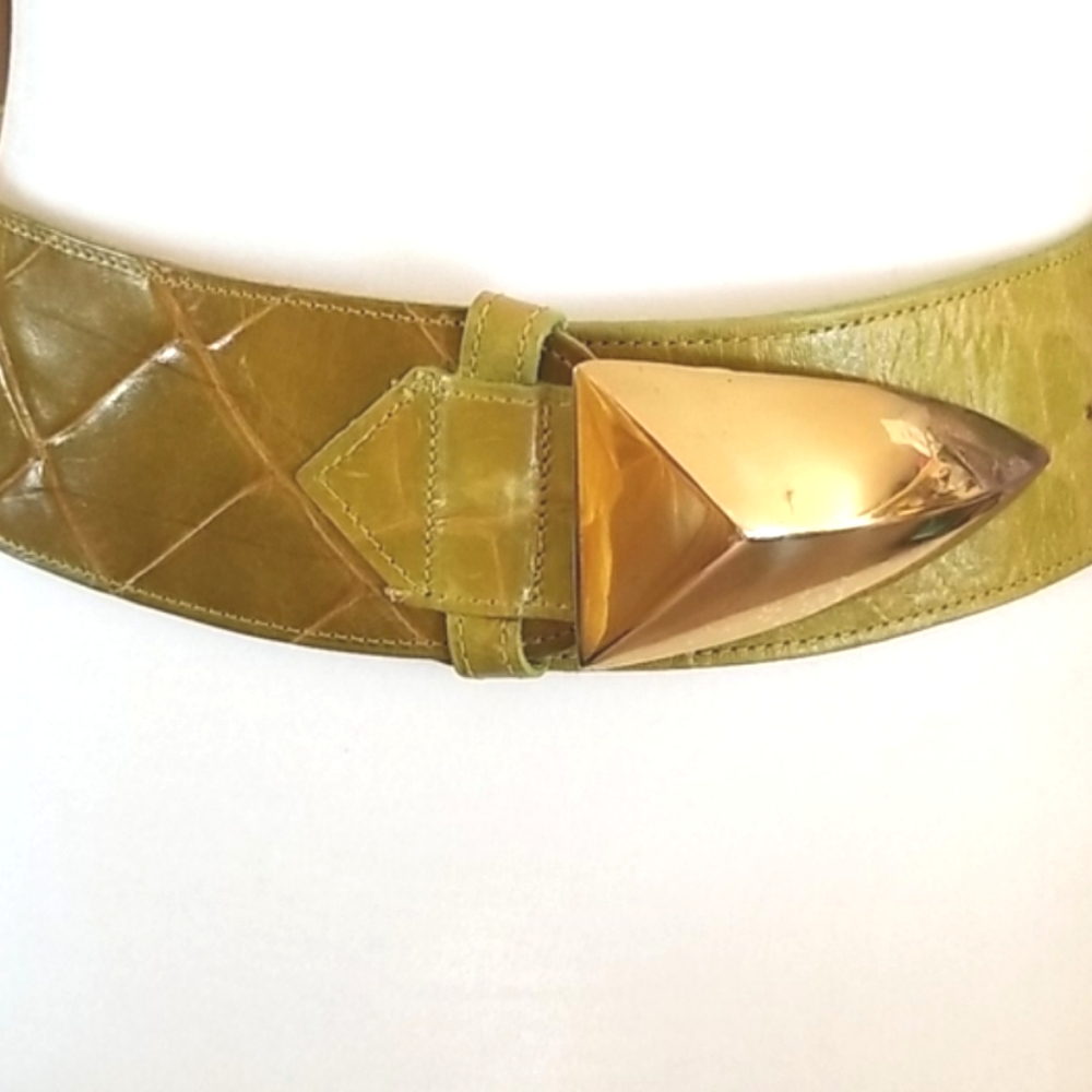 80's Vtg Leather Mod Brass Buckle Olive Pea Green 2.5" Waist BELT by DETAILS usa - Picture 3 of 13